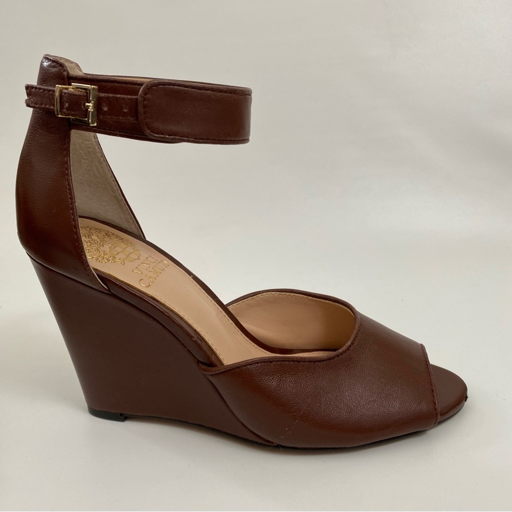 Vince Camuto Peep Toe Wedge Ankle Strap Size 7 Brown Heeled Sandals Women’s - Picture 2 of 14
